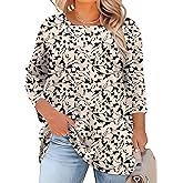 LOMON Womens Plus Size Tops 3/4 Length Sleeve Blouses Crew Neck Business Casual Tunic Tops with Asymmetrical Hem 1X-5X