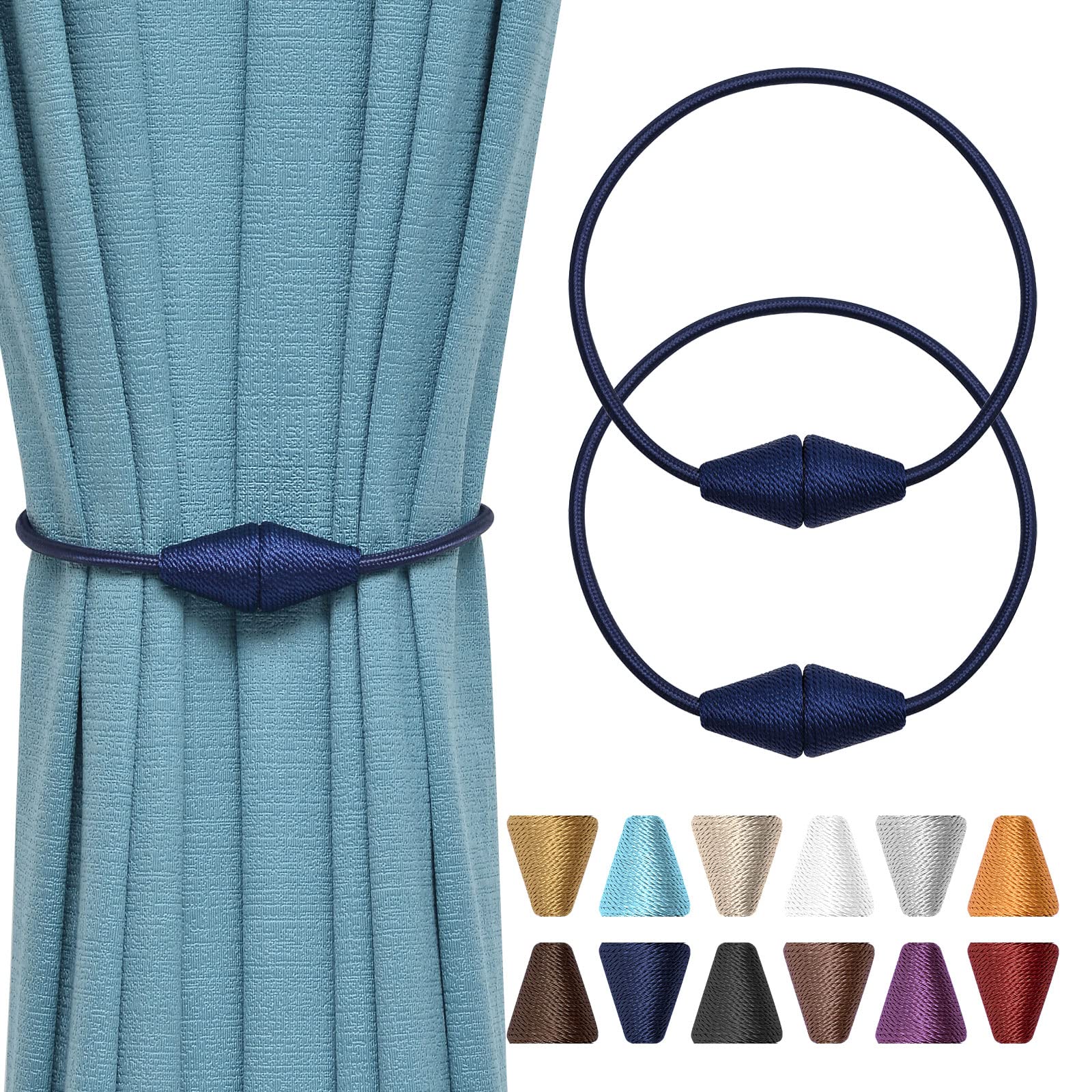 Pretty Jolly 2 Pack Upgrade Magnetic Curtain Tiebacks Handmade Weave Rope Curtain Holdbacks Convenient Decorative Cone Curtain Drape Tie Backs for Home & Office Window Drapery (Dark Blue)