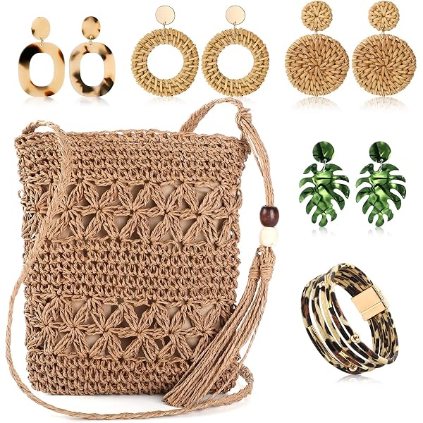 Boho Straw Crossbody Bag Set with Earrings and Leopard Bracelet for Women Amazon.com: Bucherry 20 Pcs Boho Straw Purses Bags Jewelry  main image 2
