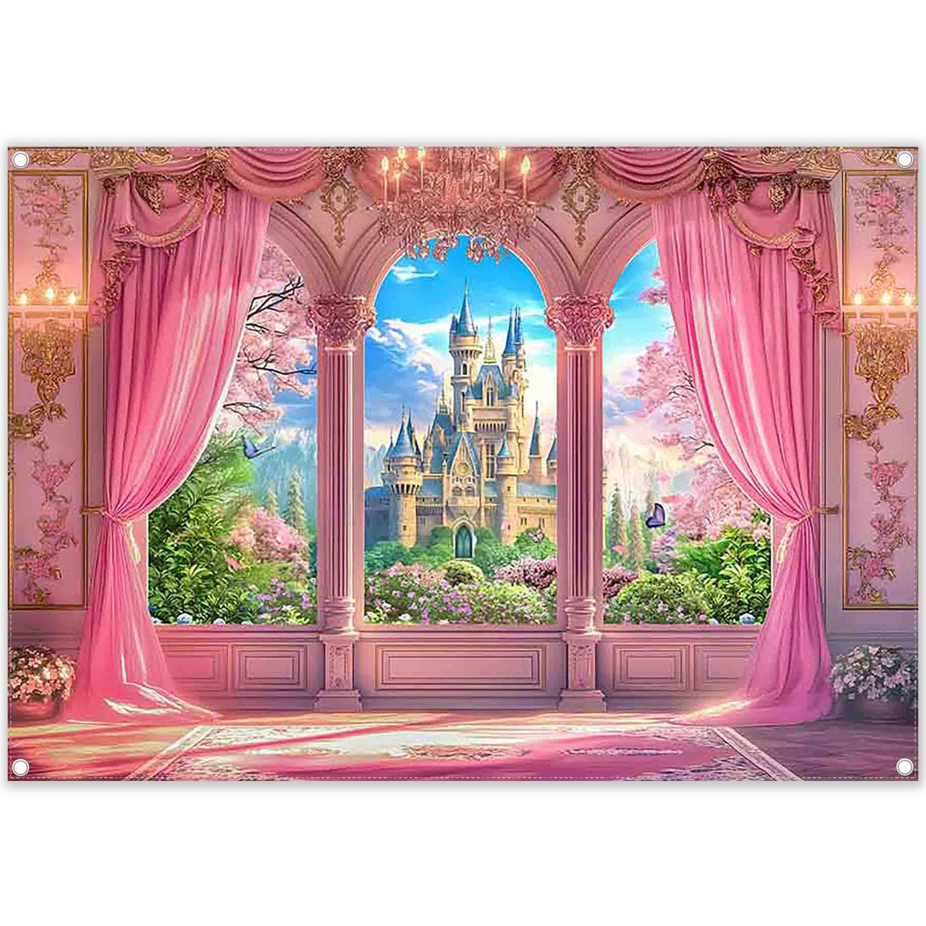 Photo 1 of Yriujul Fabric 7x5ft Pink Curtains Castle Photography Backdrop Window Room Floral Fairy Tale Background Girls Party Decorations Photo Booth Banner Tapestry