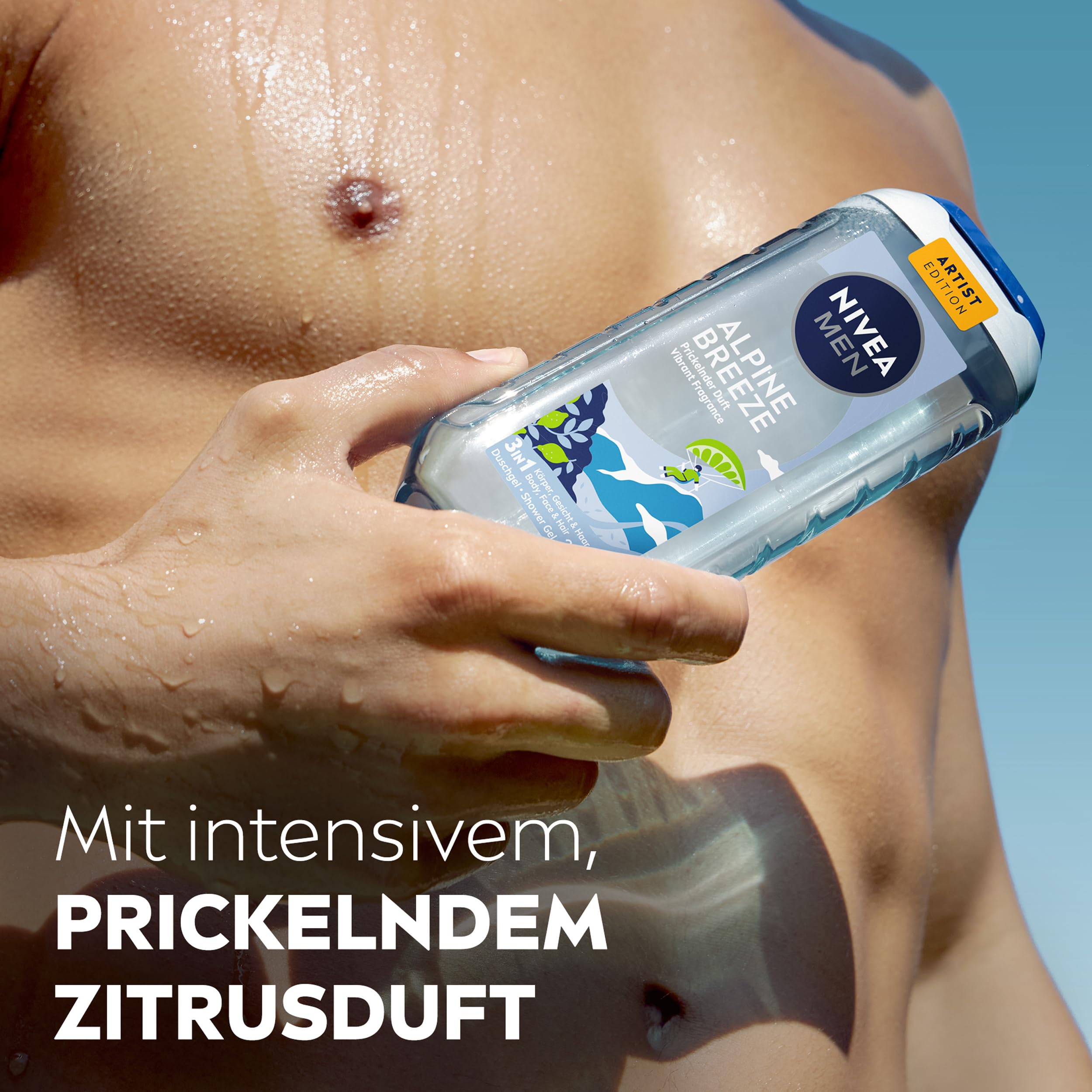 NIVEA MEN Alpine Breeze Artist Edition Duschgel, revitalisierende Pflegedusche mit prickelndem und lebendigem Duft, 3in1 Duschgel für Körper, Gesicht und Haare (250 ml) 4