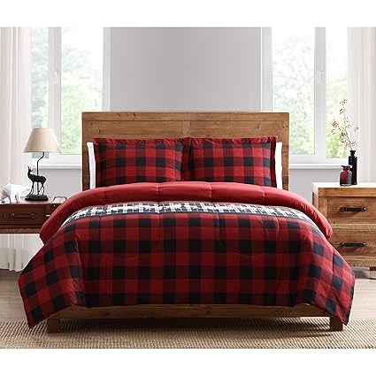 3 Piece Red Black Plaid Comforter Set Full Queen Set Outdoor Animal Theme Bedding Bedding Bears Moose Deer Wildlife Animal Checker Pattern Wilderness