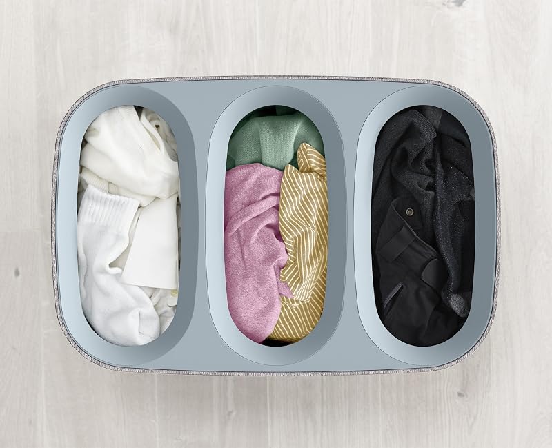 Tota- Trio Panier de séparation du Linge de 90 litres avec Couvercle, 3 Sacs de Lavage Amovibles avec poignées, Gris