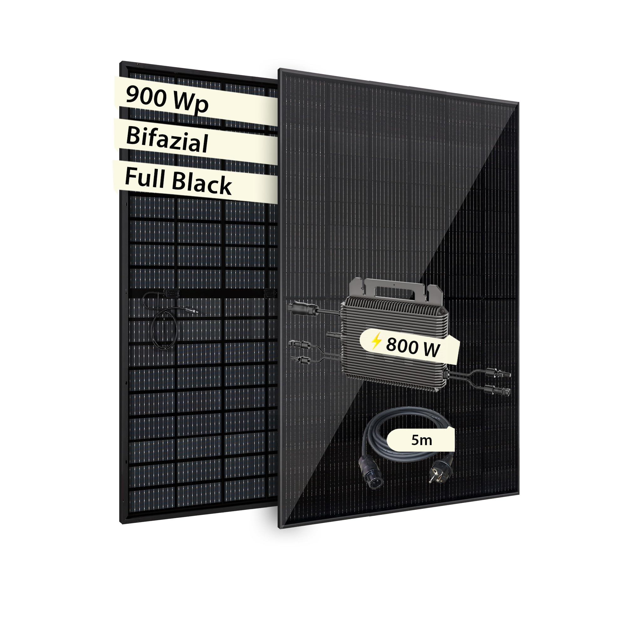 VALE Balkonkraftwerk Bifazial 900 Wp Full Black - Marstek-M2-800 Wechselrichter - Solaranlage - Hochwertiges Solarpanel Set - 5m AC-Kabel