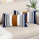 Vfuty Set of 2 Navy Blue and White Stripe Throw Lumbar Pillow Covers 12x20 inch,Faux Leather Modern Accent Boho Cushion Cover for Couch Living Room Bedroom