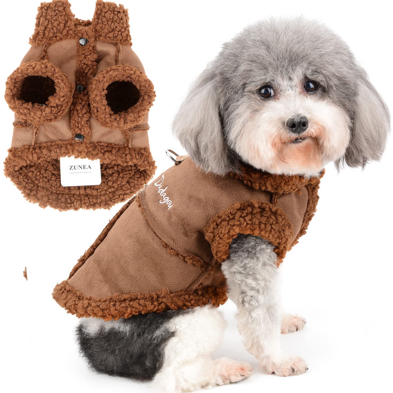 Zunea Dog Winter Coat for Small Dogs Shearing Fleece Dog Jacket Coat Warm Puppy Clothes Soft Fleece Lined Pet Vest Apparel with D-Ring Windproof Cold Weather Clothing for Chihuahua Yorkie Brown L