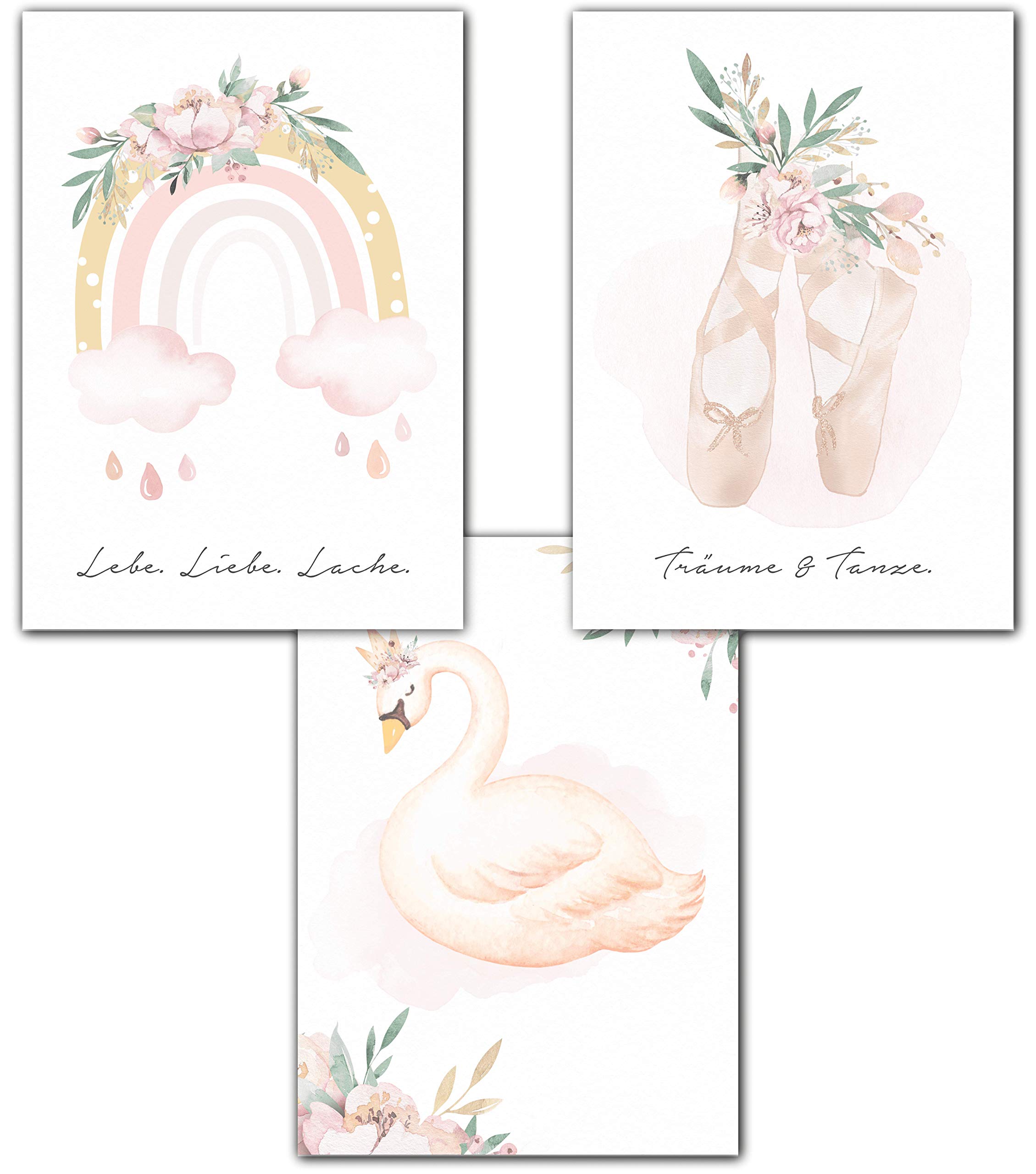 Lemmami Papeterie Set of 3 Nursery Baby Room Poster Pictures DIN A4 | Girls Boy Decoration | Children's Room | Swan Rainbow Ballerina (3 Picture Set Pink, Pastel, Wall Decoration)