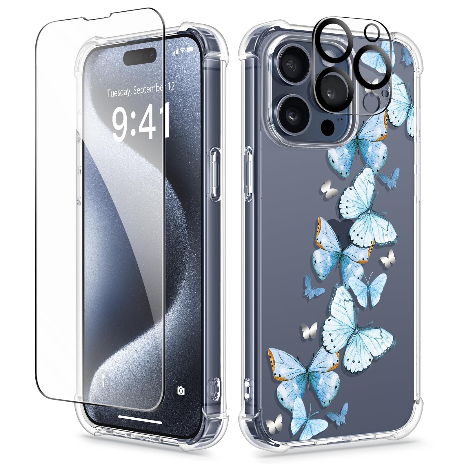 Photo 1 of GVIEWIN for iPhone 15 Pro Case, [3 in 1] with Screen Protector & Camera Lens Protector, Clear Hard Shockproof Slim Fit Floral Phone Cover for Women Girls 2023 6.1" (Morpho Butterfly)