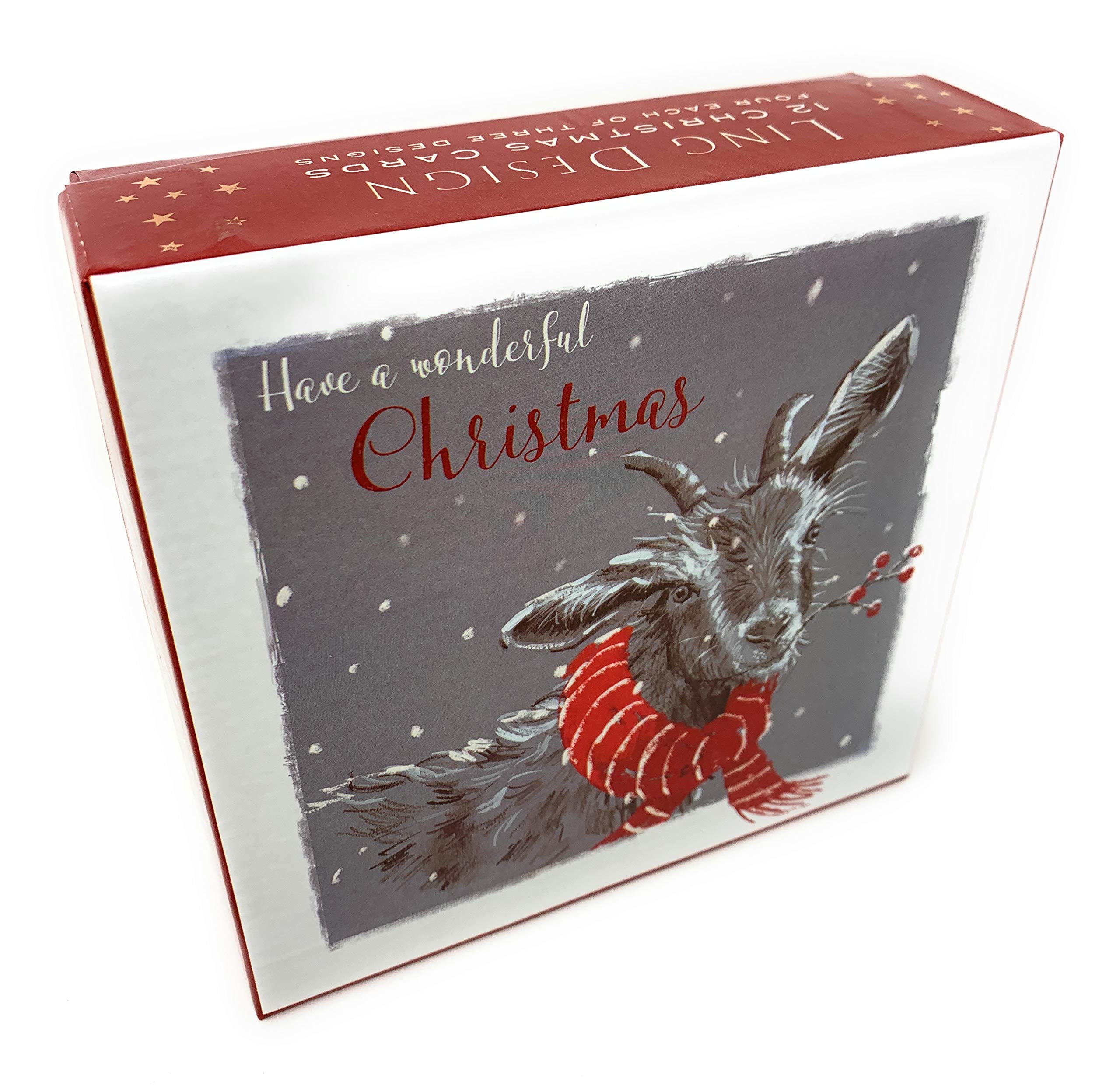 Festive Animals with Scarf Christmas Deluxe Box of 12 Assorted Matt Finish Cards by Ling Design XBD759