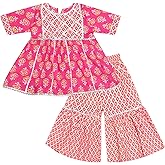 Superminis Baby Girls Cotton Sanganeri Printed Frock Style Kurti with Printed Sharara Dress