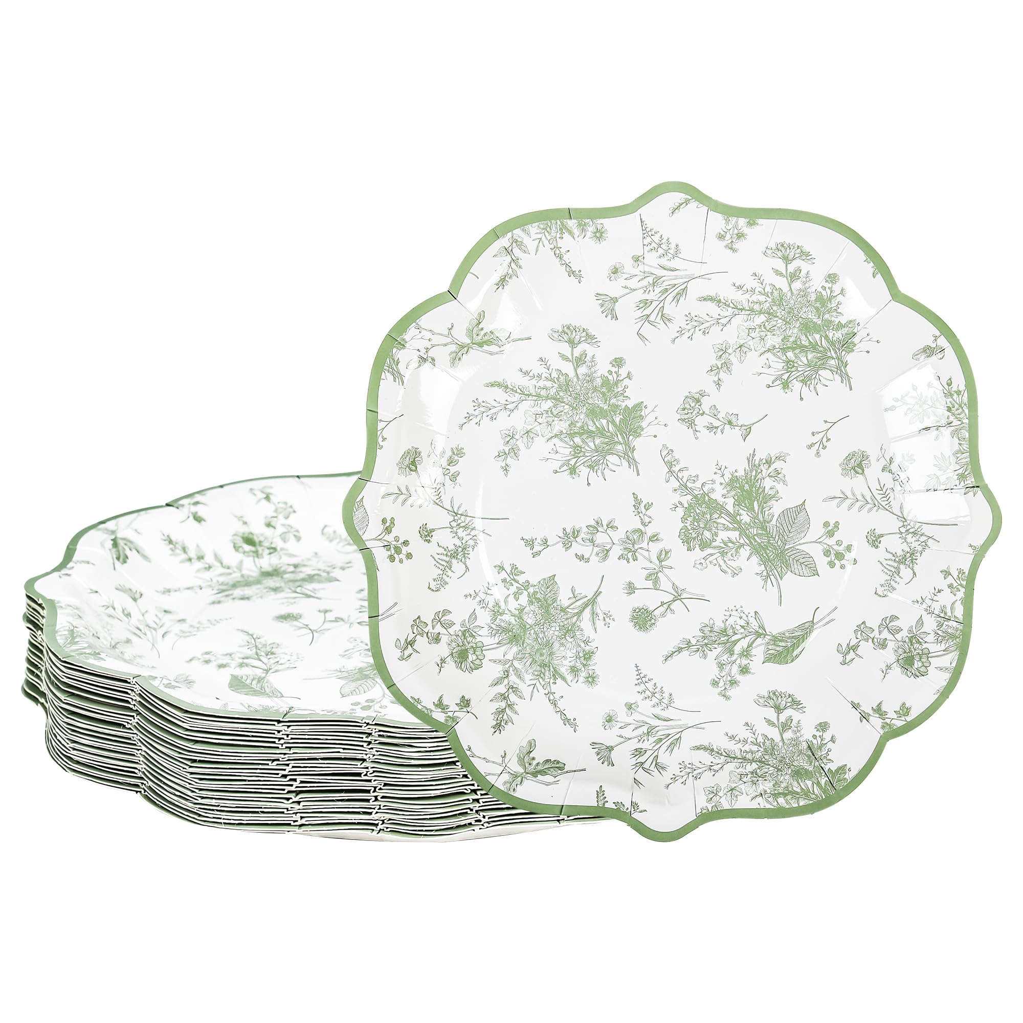 Photo 1 of Elyxio Sage Green Floral Party Plates White Green Toile Disposable Paper Plates Flower Leaf 9" Scalloped Edge Dinner Plates for Bridal Baby Shower Wedding Tea Party Supplies Table Decor (48)