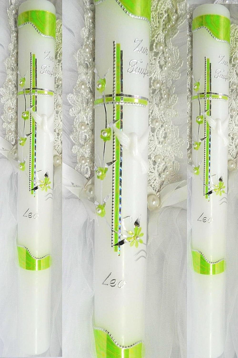 Christening Communion Candle Boy Girl 400/40 mm 35 + Tools for Expander, Green,silver