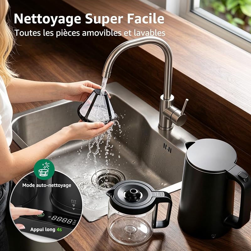 Cafetière Filtre 3‑en‑1,8 Tasses, Temp.60‑100°C,Panneau Tactile LED