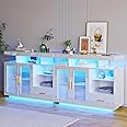 SKKTKT Set of 2 Large LED Sideboard Cabinet with Charging Station, High Gloss Kitchen Storage Cabinet with Auto Sensor 24-Color Lights for Living Room (White)