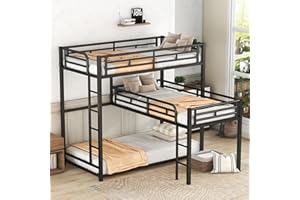 EMKK Metal Twin Size Triple Bunk Bed, Twin-Over-Twin-Over-Twin Triple Bed Frame with Built-in Ladder and Guardrails for Kids, Teens, Boys, Girls