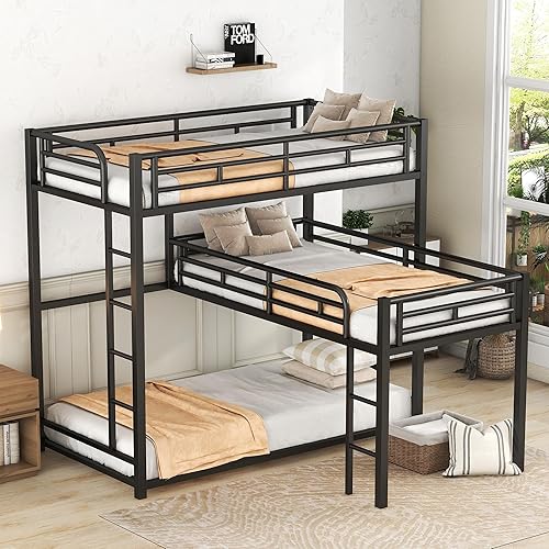 Livavege Heavy-Duty Metal Triple Bunk Bed for Kids, L-Shaped Bunk Beds  Twin Over Twin w/Safety Guardrails Ladder, Triple Bunkbed Frame for