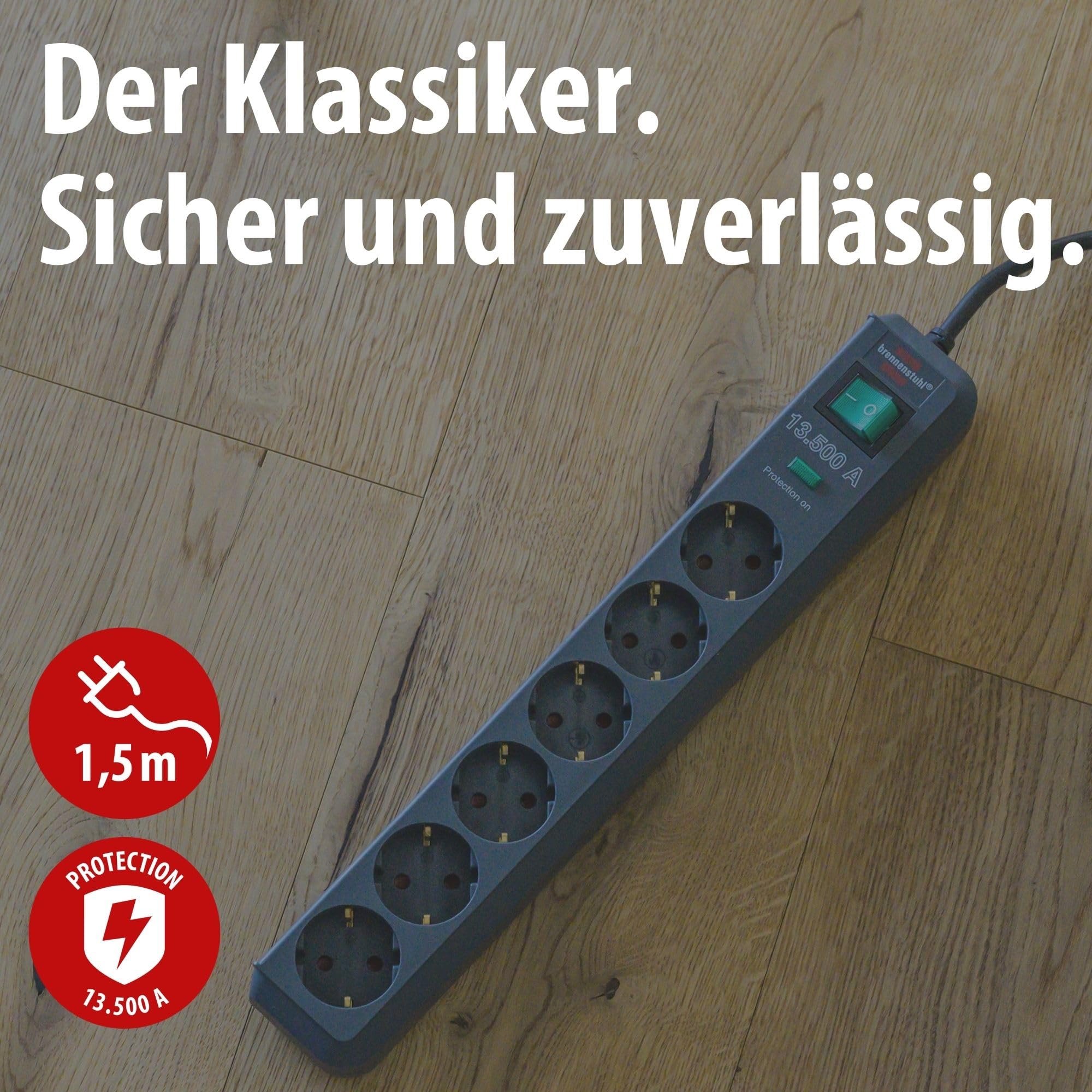 Brennenstuhl Eco-Line Steckdosenleiste 6-Fach mit Überspannungsschutz (Mehrfachsteckdose mit Schalter, 1,5m Kabel und erhöhtem Berührungsschutz) anthrazit 2