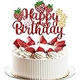Ephlyn 1Pc Strawberry Happy Birthday Cake Topper Red Glitter Flower Fruit Theme Birthday Berrry Cake Pick Decorations for Strawberry Theme Baby Shower Kids Birthday Party Cake Decorations Supplies