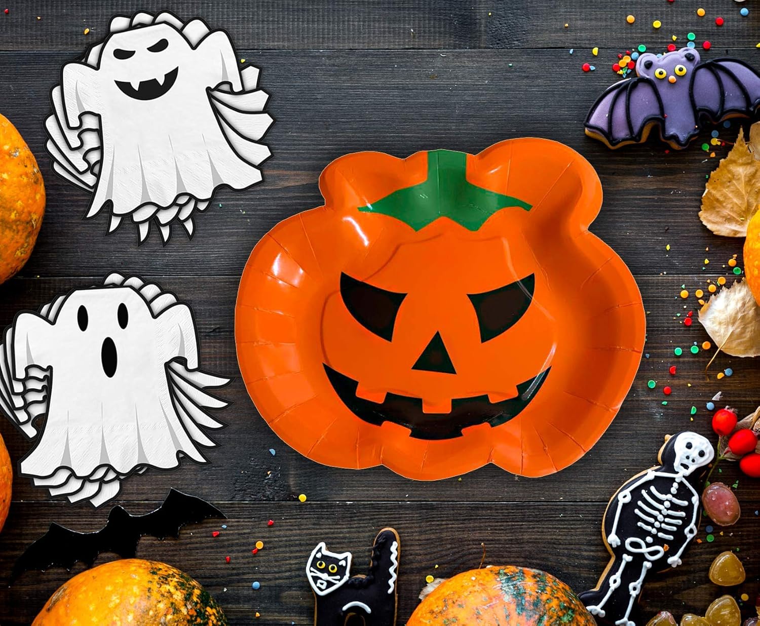 Halloween Party Supplies for 40 - Pumpkin Shaped Plates, Ghost Shaped Napkins, Orange Plastic Cups 12oz - Disposable Halloween Decorations and Tableware for Parties: Health & Personal Care