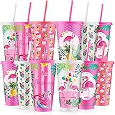 Cholemy 12 Pcs 24 oz Flamingo Plastic Cups with Lids and Straws Flamingo Party Favor Reusable Drinking Tumblers Bulk for Juice Water Coffee Tea Birthday Party Supplies