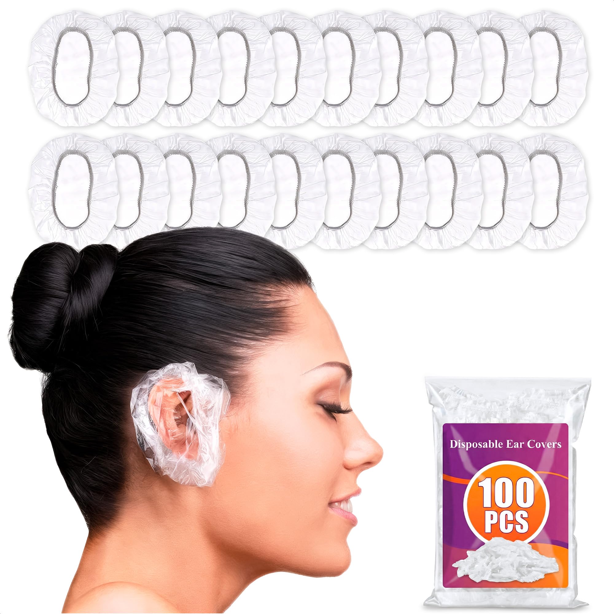 Photo 1 of 100 Pcs Ear Cover for Shower – Disposable Ear Covers for Hair Dryer – Easy to Stretch, Water-Resistant, Lightweight, Durable Plastic | Comfortable to Wear for Home, Spa, Travel, Hotel and Hair Dye Use
