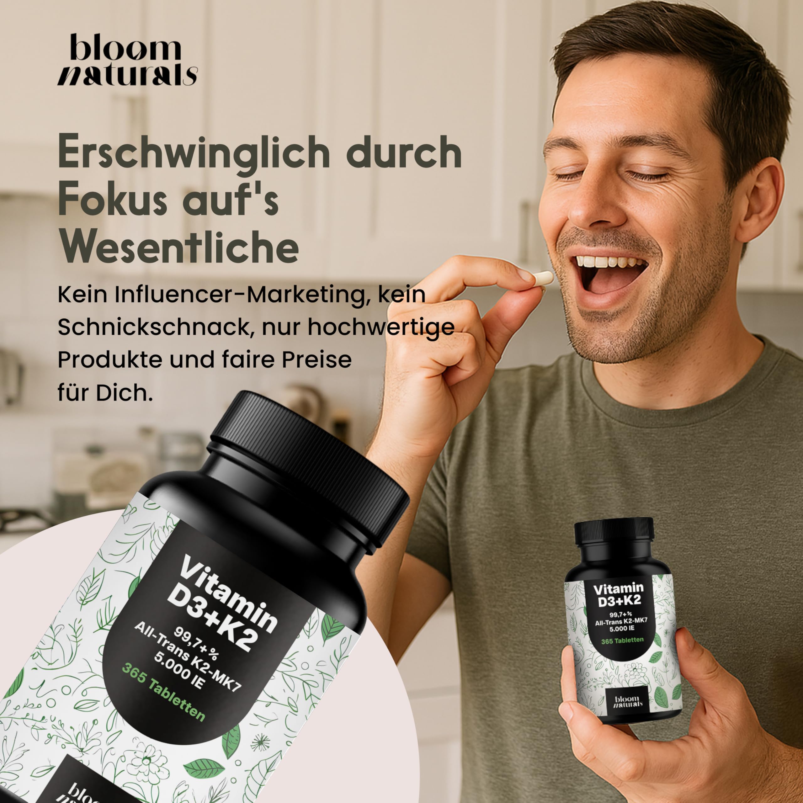 Vitamin D3 K2 5000 IE hochdosiert – 365 Tabletten – Premium 99,7+% All-Trans K2-MK7 – produziert in Deutschland - Verpackung kann variieren 5