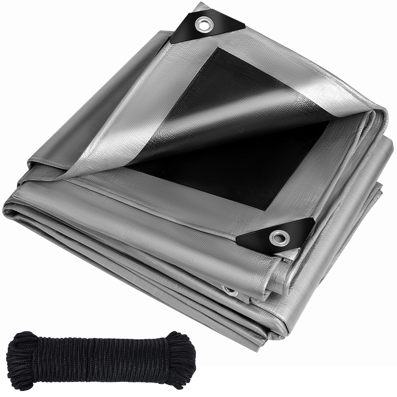 Tarpaulin heavy duty 260 g/m²,Reinforced Eyelets,Weatherproof dust snow UV,for groundsheet Outdoor Camping Garden Furniture pool Building site Caravan Boat Universal cover(Silver-black, 2m X 2m)