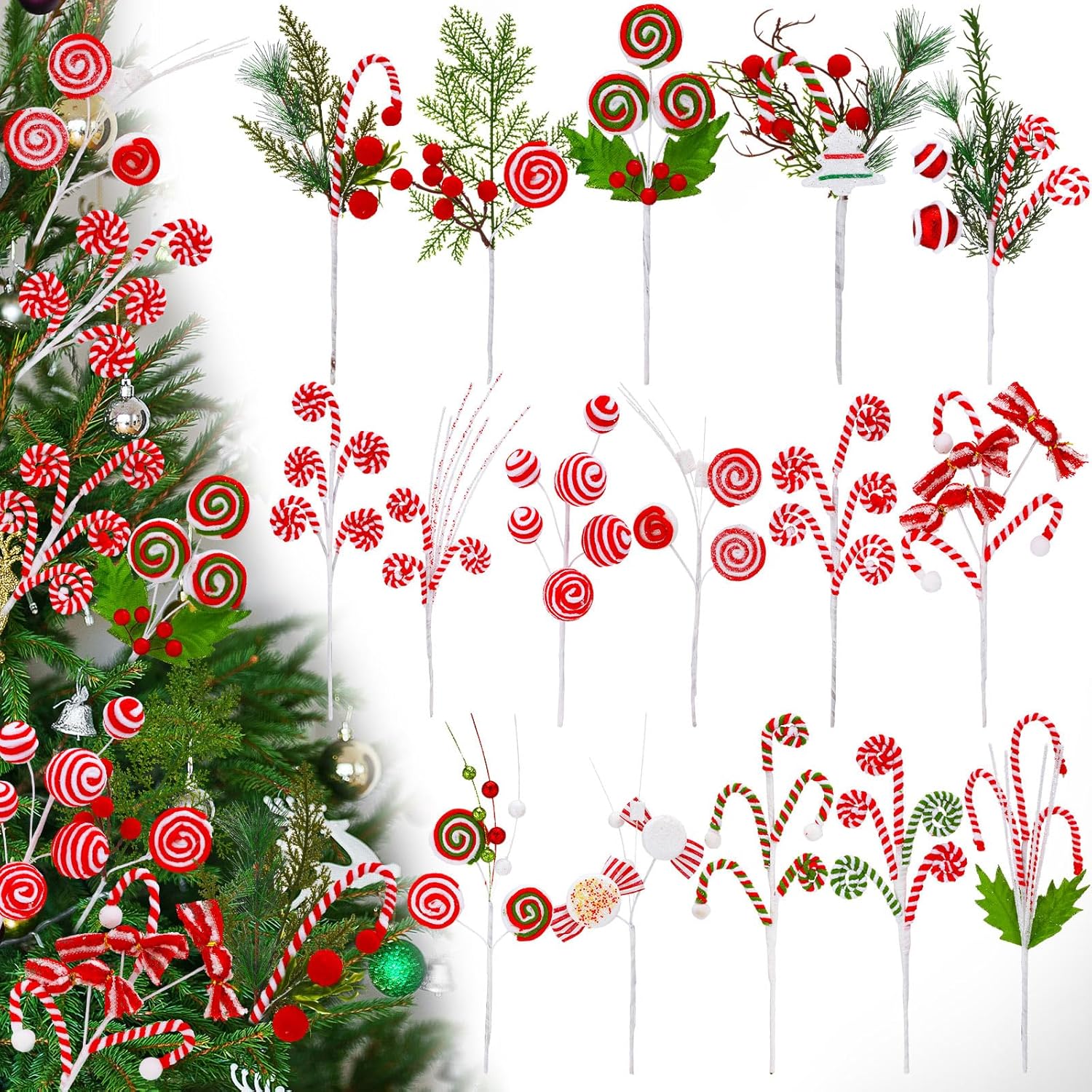 Tree Toppers - Wettarn 16 Pcs Christmas Candy and Lollipop Pick 13.78 Inch Red White Green Curly Lollipop Picks for Christmas Tree Striped Glitter Candy Tree Topper for Christmas Tree Filler Picks Ornaments Decor
