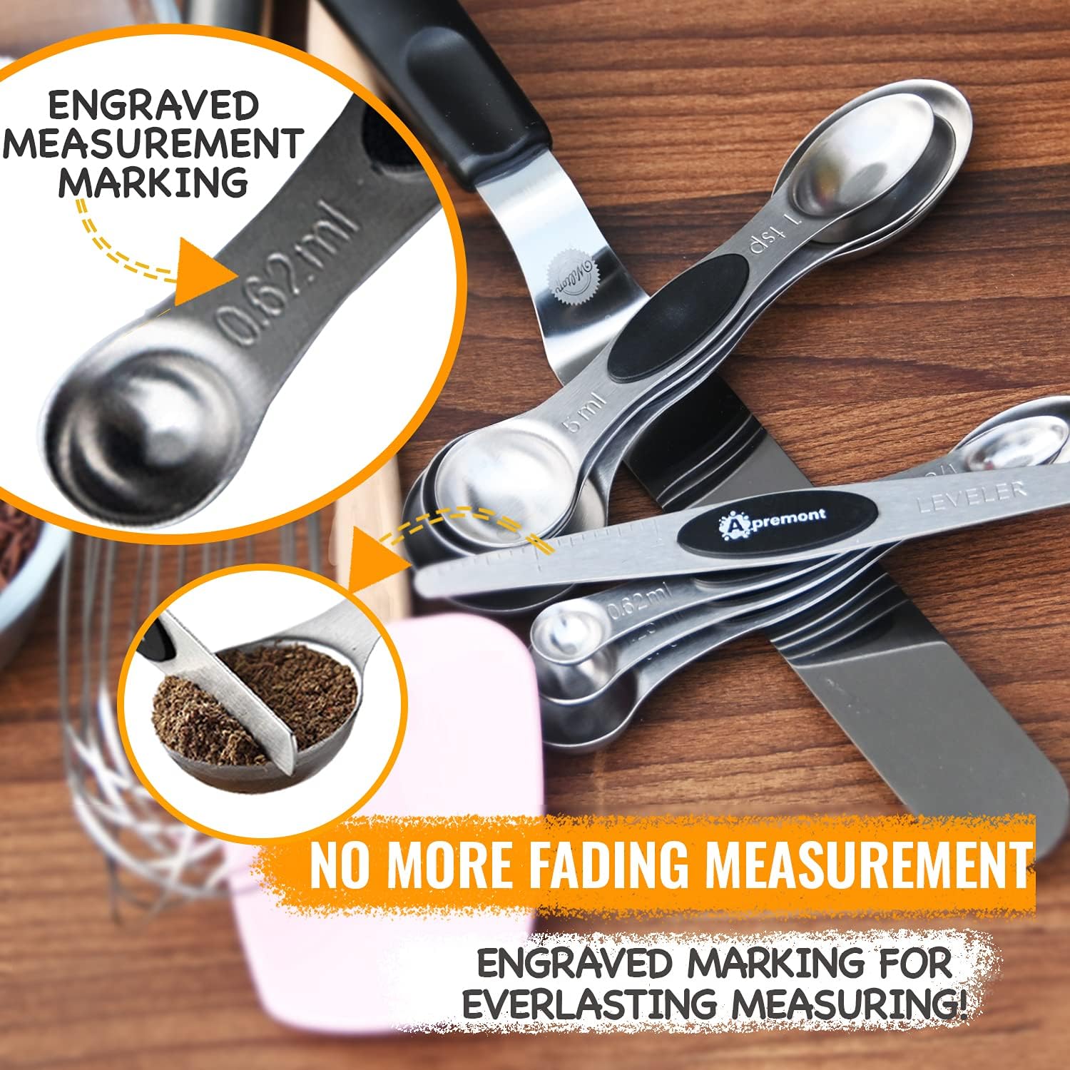 Heavy Duty Magnetic Engraved Stainless Steel Metal Measuring Spoons for Dry or Liquid, Fits in Spice Jar, Set of 8 with bonus Leveler - APREMONT: Kitchen & Dining