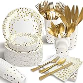 AIRE 175PCS White and Gold Paper Plates Party Supplies for 25 Guests Disposable Party Decorations Dinnerware Golden Dot Paper Plates Napkins Cups Gold Plastic Forks Knives Spoons for Wedding Birthday