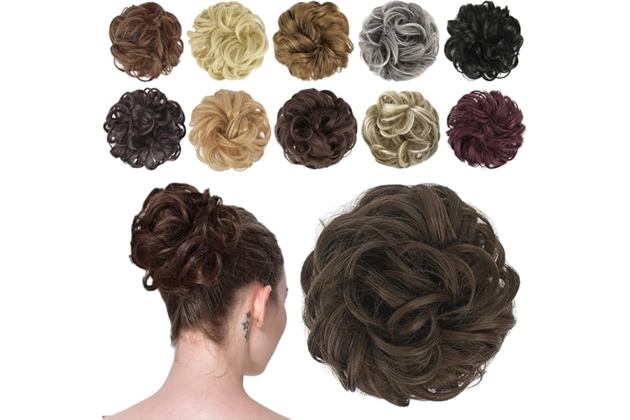 FESHFEN Messy Bun Hair Piece – Elastic Wavy Curly Hair Bun Scrunchies Extensions Synthetic Chignon Hairpieces for Women Girls, Medium Brown 1.5 oz