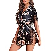 Avidlove Women Lingerie Robe Satin Sleepwear Eyelash Lace Kimono Side Split Sexy Silk Robes