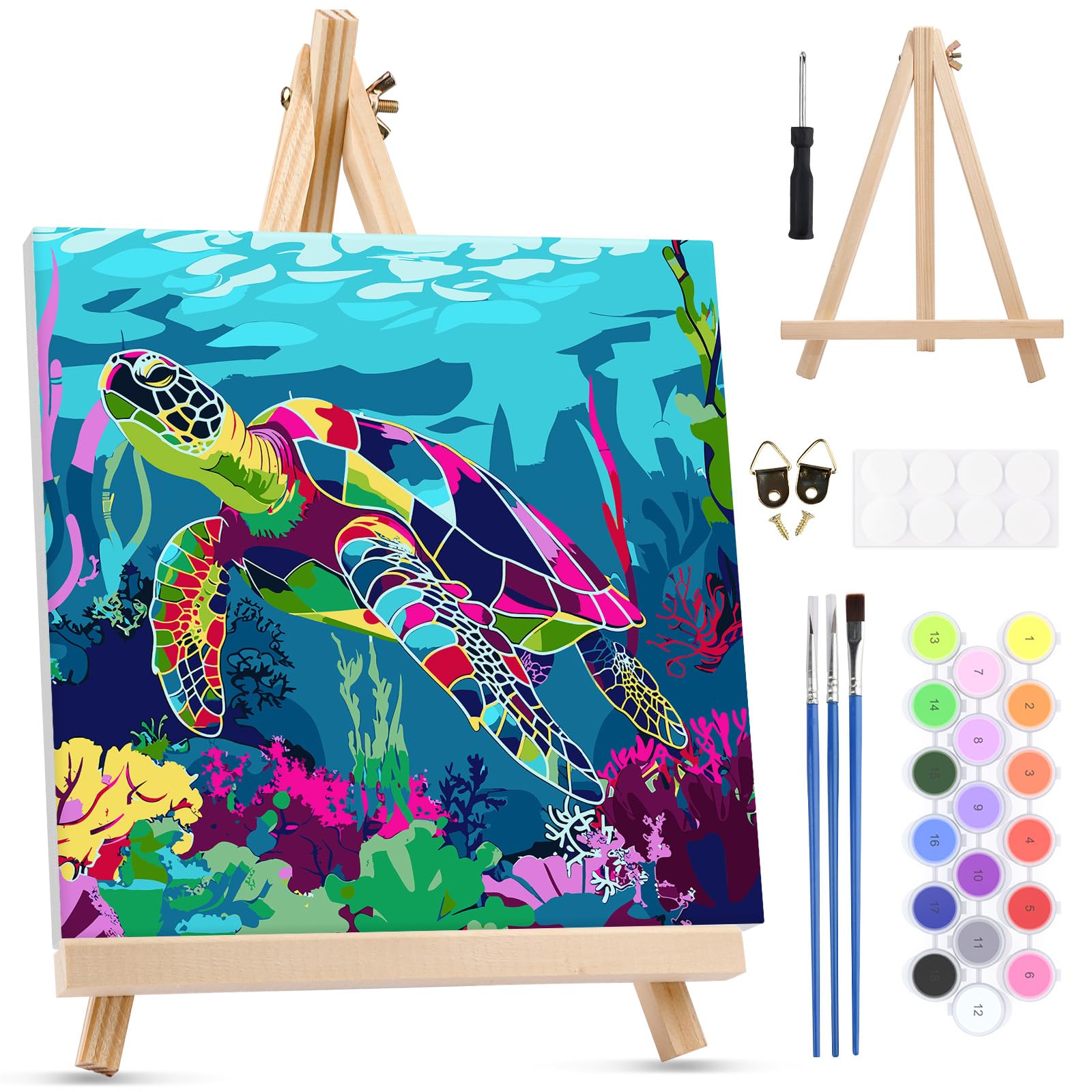 MXJSUA Sea​Turtle Framed Paint by Numbers Kit for Adults Beginner with Wooden Easel, Adults' Paint-by-Numbers on Canvas, Easy DIY Acrylic Number Painting for Home Decor Gifts, 25x25cm