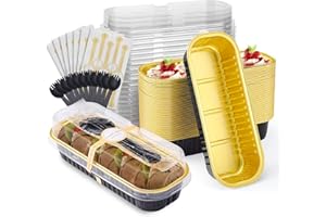 BIGMETA Mini Loaf Pans with Lids and Spoons- 50 Pack 6.8oz Aluminum Bread Cupcake Pie Foil Pans with Sealing Sticker, Rectangle Disposable Cake Tins Brownie Baking Cups for Picnics Party- Black & Gold