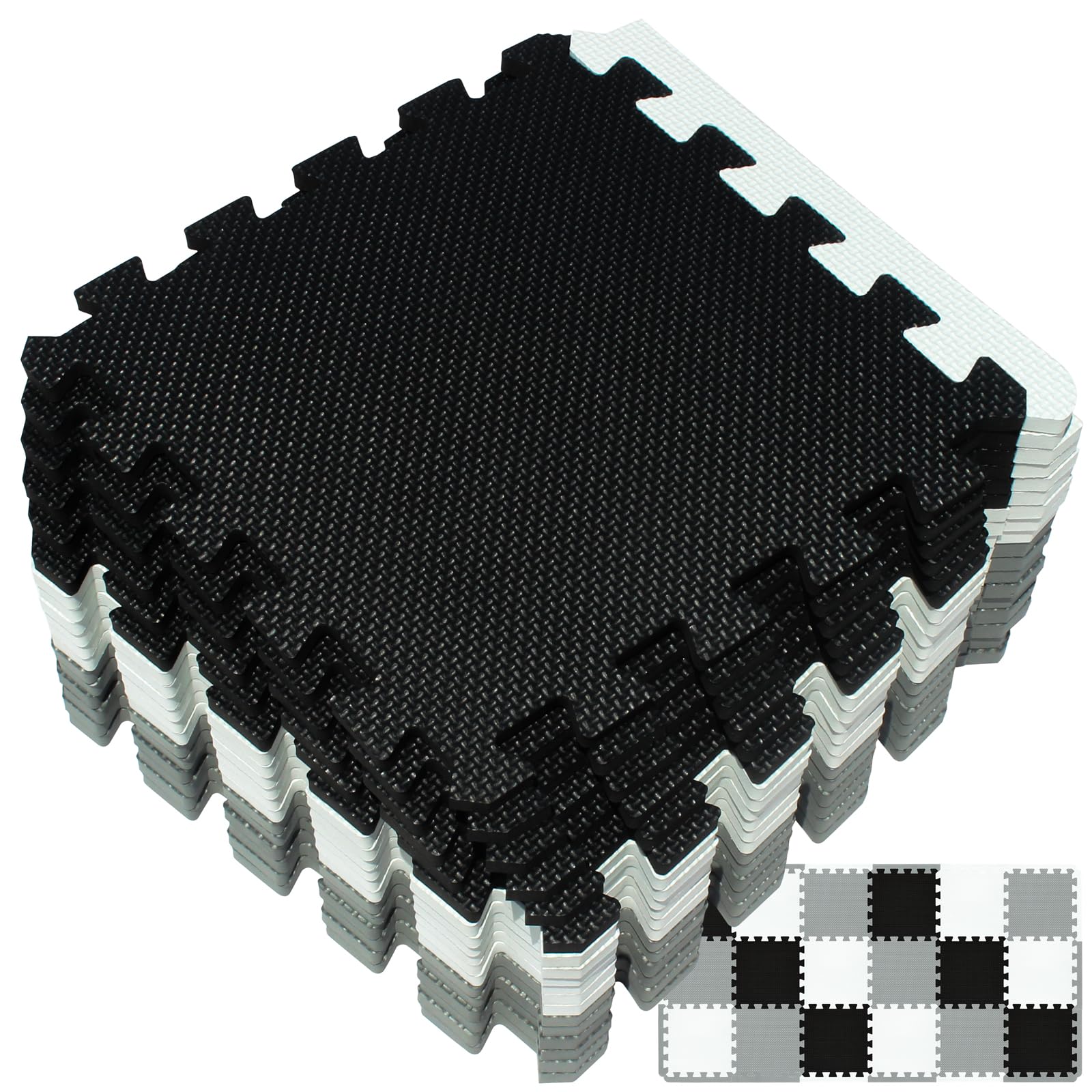 Yostrong 18 Tiles Interlocking Puzzle Foam Baby Play Mat with Straight Edges for Playing - EVA Babies Crawling Mat | Rubber Floor Work Out Mats for Home Gym. White, Black, Gray. YOC-ADLb18S18