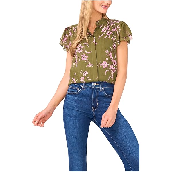 Amazon.com: CeCe, Women's, V-Neck Shirred Flutter Sleeve Blouse