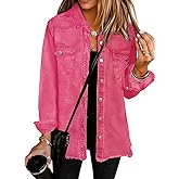 UEAL Womens Oversized Button Down Frayed Hem Denim Shacket Casual Long Sleeve Jean Jackets 2026 Spring Outfits