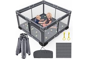 Grobeybees Foldable Baby Playpen with Mat, Foldable Playpen for Babies and Toddlers, Folding Portable Kids Play Pen, Collapsible Play Yard with 2 Handles + Suitable Size Mat(Grey, 50x50 inches)