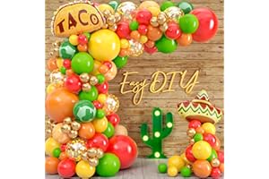 SHERYL DECOR ALL-IN-1 Mexican Fiesta Balloons Arch Kit & Garland with BONUS Taco – Small and Large Red Yellow Orange Green Fiesta balloons – Mexican Fiesta Party decorations & supplies for birthday, Cinco De Mayo