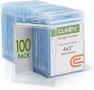 Claev Vertical Large (L) ID Badge Holders (Clear, 4x3 Inch, 100 Pack), Clear Waterproof Plastic Name Badge Holders for Conferences, Conventions, Offices & Schools