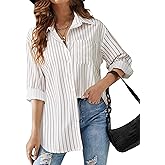 HOTOUCH Women Button Down Striped Shirts Drop Shoulder Blouse Long Sleeve Oversized Shirt with Pocket