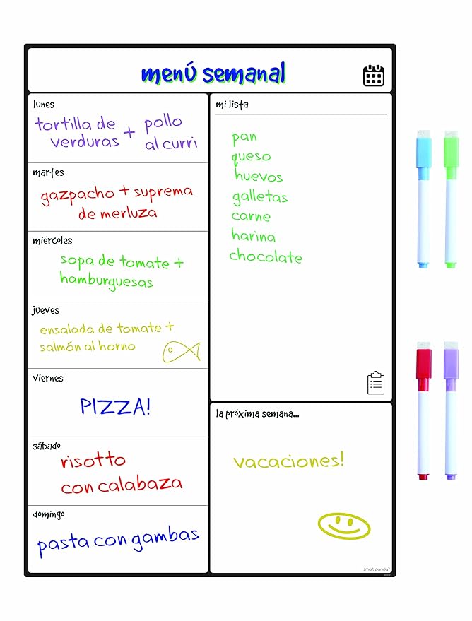 Smart Panda Calendario Magnético para Nevera - Ideal Planificador de Menú, Recordatorio, Lista de la Compra - Pizarra Magnética Incluye 4 Rotuladores de Color – Semanal – En Español
