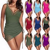 One Piece Swimsuit Women Tummy Control Swim Dress Slimming Mesh V Neck Full Coverage Bathing Suits