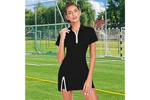 Golf Tennis Dress with Built in Shorts Zipper V-Neck Athletic Mini Dress Sleeveless Workout Dresses