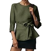 Yeokou Womens Ribbed Belted Sweater 3/4 Sleeve Crew Neck Pullover Tunic Top Winter Spring Casual Loose Fit Knitwear