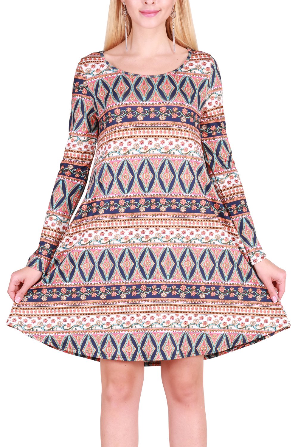 DawnRaid Womens Long Sleeve Midi Dress with Pockets Swing Midi Sweater Dresses Floral M