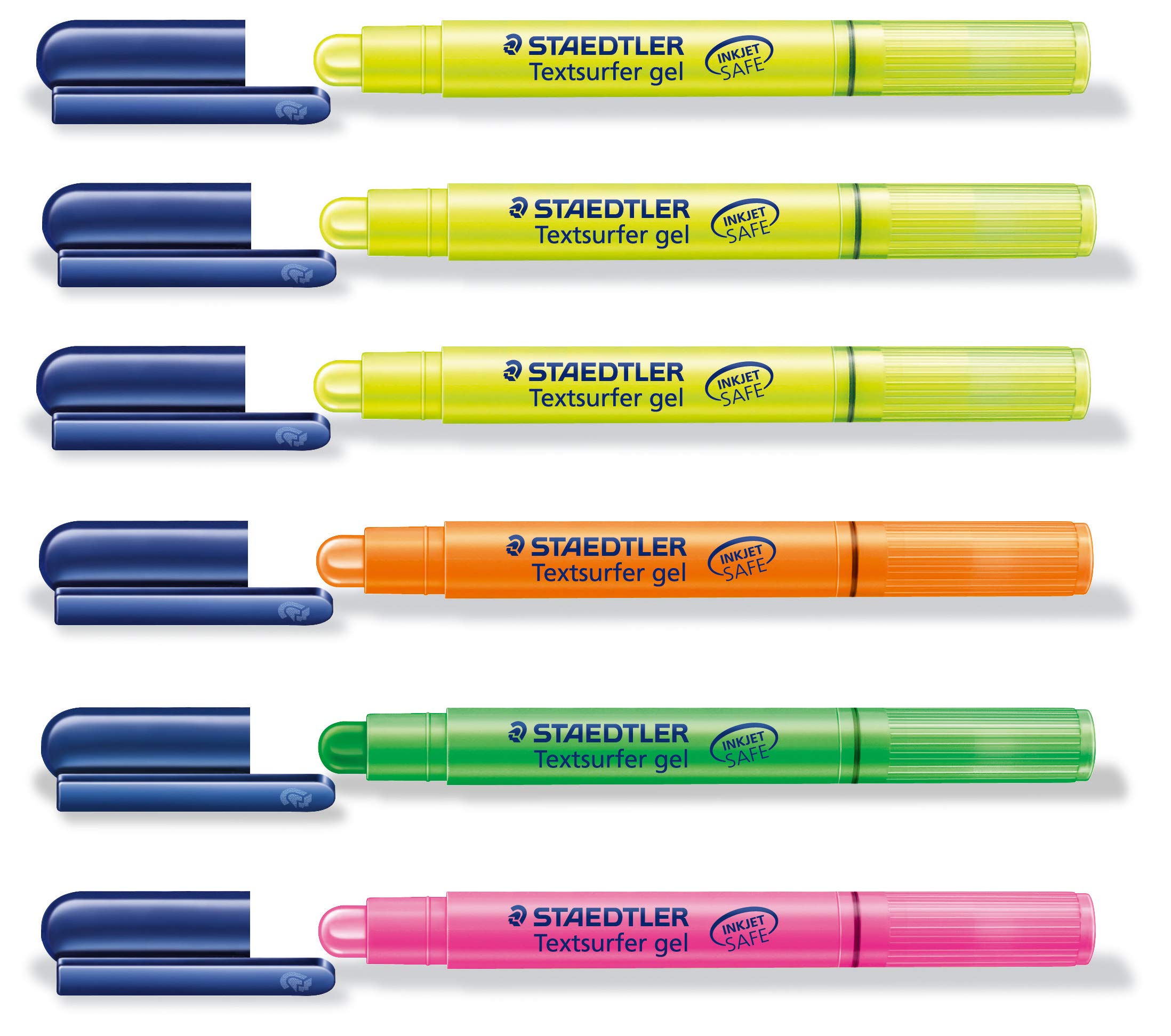 STAEDTLER Textsurfer gel highlighters, set of 6, including 3 x yellow and 1 x orange, pink and neon green.