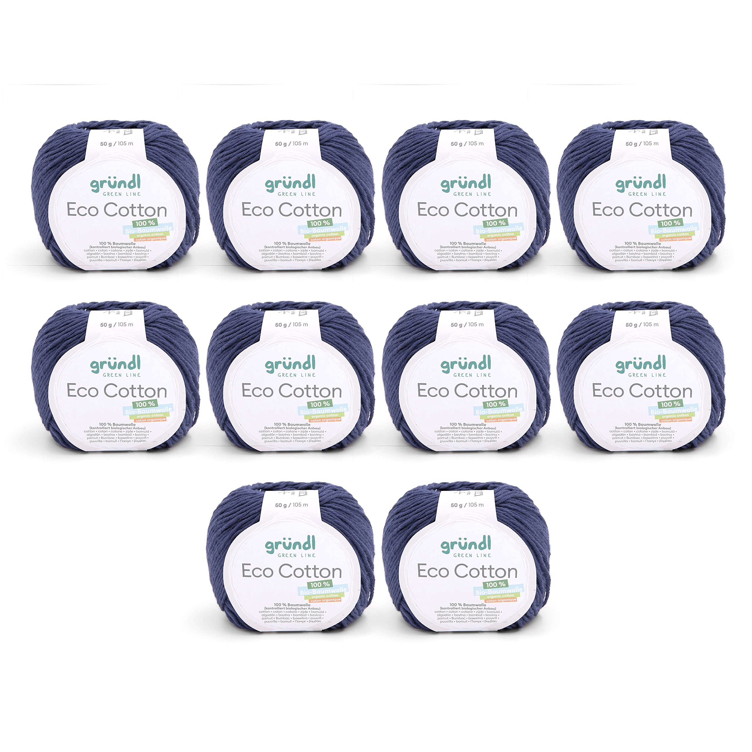 Gründl Eco Cotton Wool - Wool for Crochet - Wool for Knitting - Crochet Yarn - Soft and Skin Friendly - 100% Organic Cotton - 10 Balls 50 g / 105 m - Needle Size 3.5-4.5 - Jeans