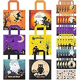 Halloween Treats Bags Party Favors - 30 pack Non-Woven Halloween Tote Gift Bags for Kids Trick or Treat Bags with 54 pcs Tattoos, Reusable Candy Bags Goodie Bag for Halloween Party Supplies(6 Pattern)