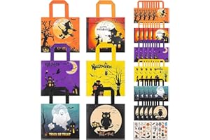 GLOCITI Halloween Treats Bags Party Favors - 30 pack Non-Woven Halloween Tote Gift Bags for Kids Trick or Treat Bags with 54 pcs Tattoos, Reusable Candy Bags Goodie Bag for Halloween Party Supplies(6 Pattern)